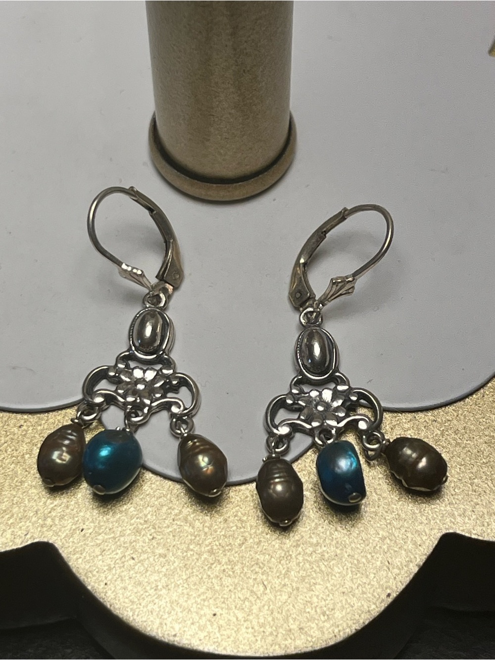 925 Sterling Silver Chandelier Earrings with Teal and Bronze water Pearls